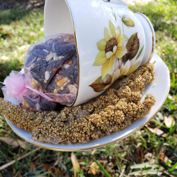 Handmade Accents New Teacupsaucer Bird Feeder With Bird Food